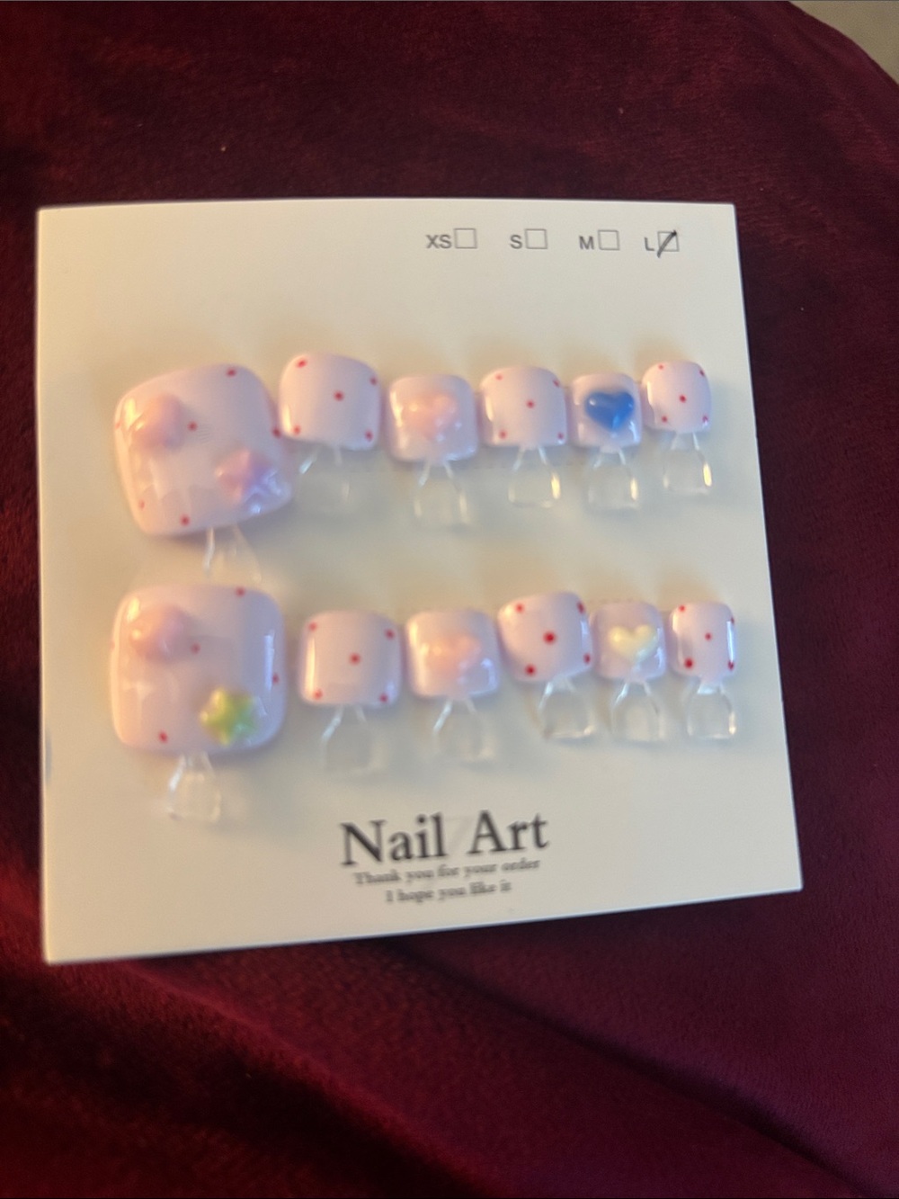 Pastel Pink Polka Dot Press-On Toe Nails with 3D Hearts